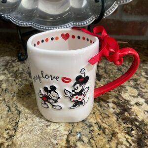 Rae Dunn Disney Minnie and Mickey Mouse MY LOVE heart handle coffee mug - NEW!